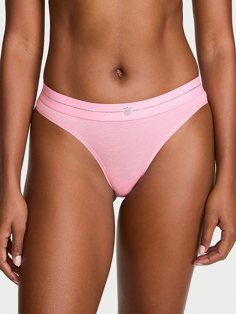 Victoria's Secret, Cotton Logo Cotton Thong Panty, Victoria Pink, onModelFront, 1 of 4 Tsheca is 5'9" and wears Small
