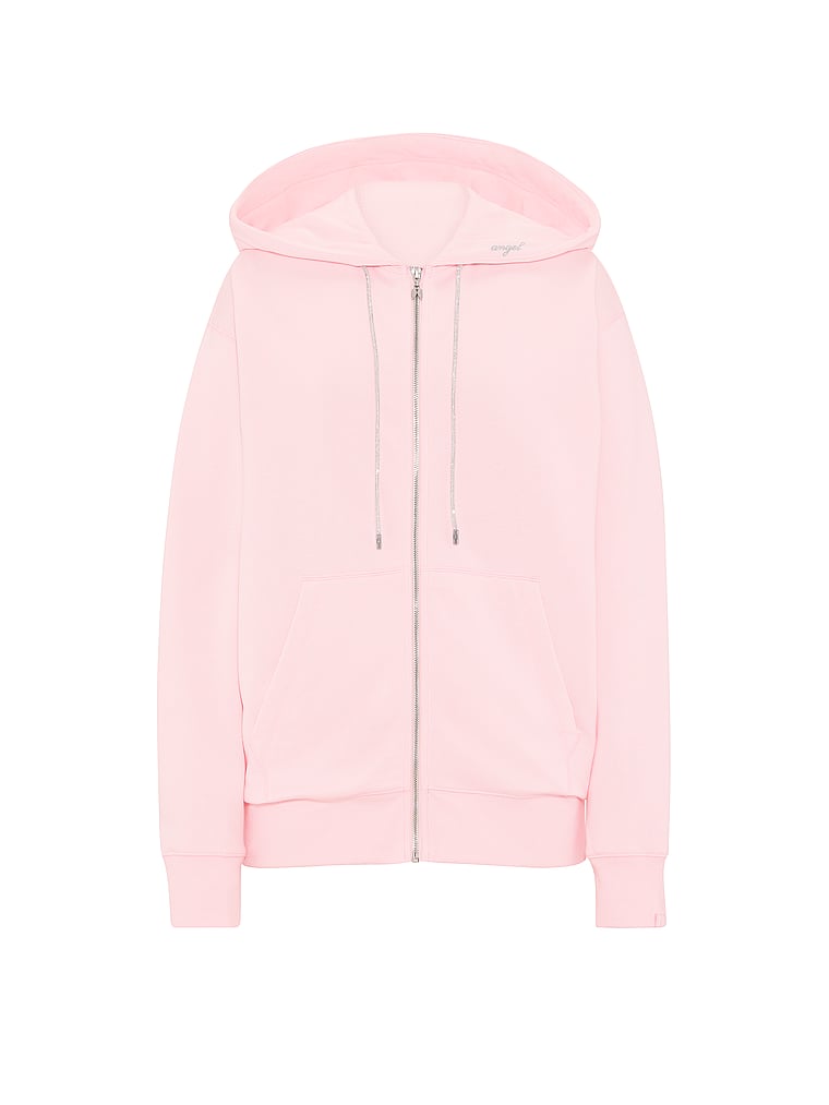 Victoria's Secret, Angel Essentials Iconic Fleece Shine Drawcord Full-Zip Hoodie, Angel Pink, offModelFront, 3 of 4