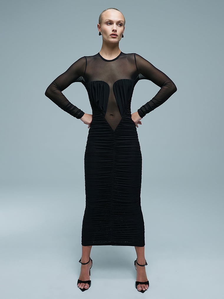 Irina Gathered Mesh Midi Dress