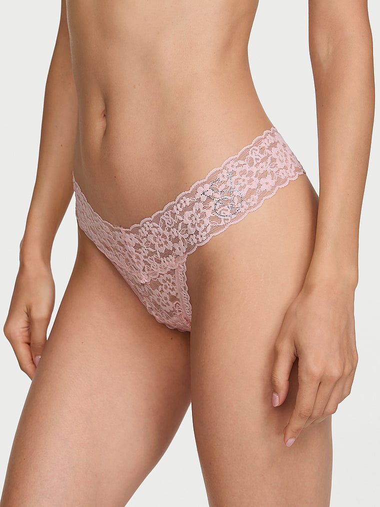 Victoria's Secret, The Lacie Lace Strappy-Back Thong Panty, Angel Pink, onModelFront, 1 of 4