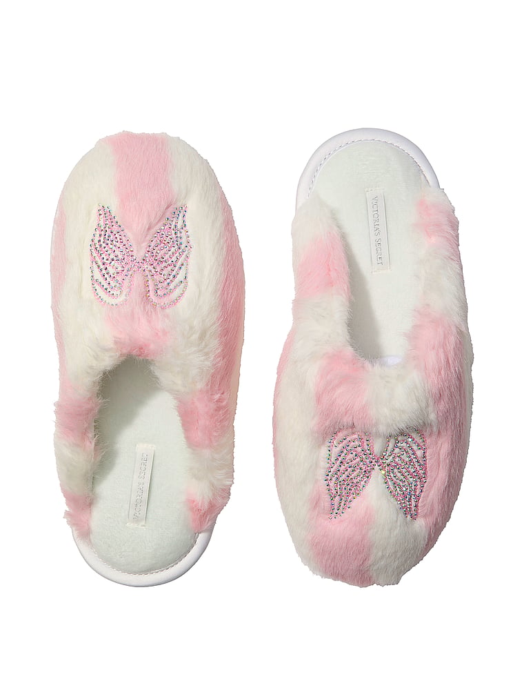 Victoria's Secret, Victoria's Secret Luxe Plush Closed-Toe Slippers, Heritage Stripe Diamante Angel Wings, onModelBack, 2 of 3
