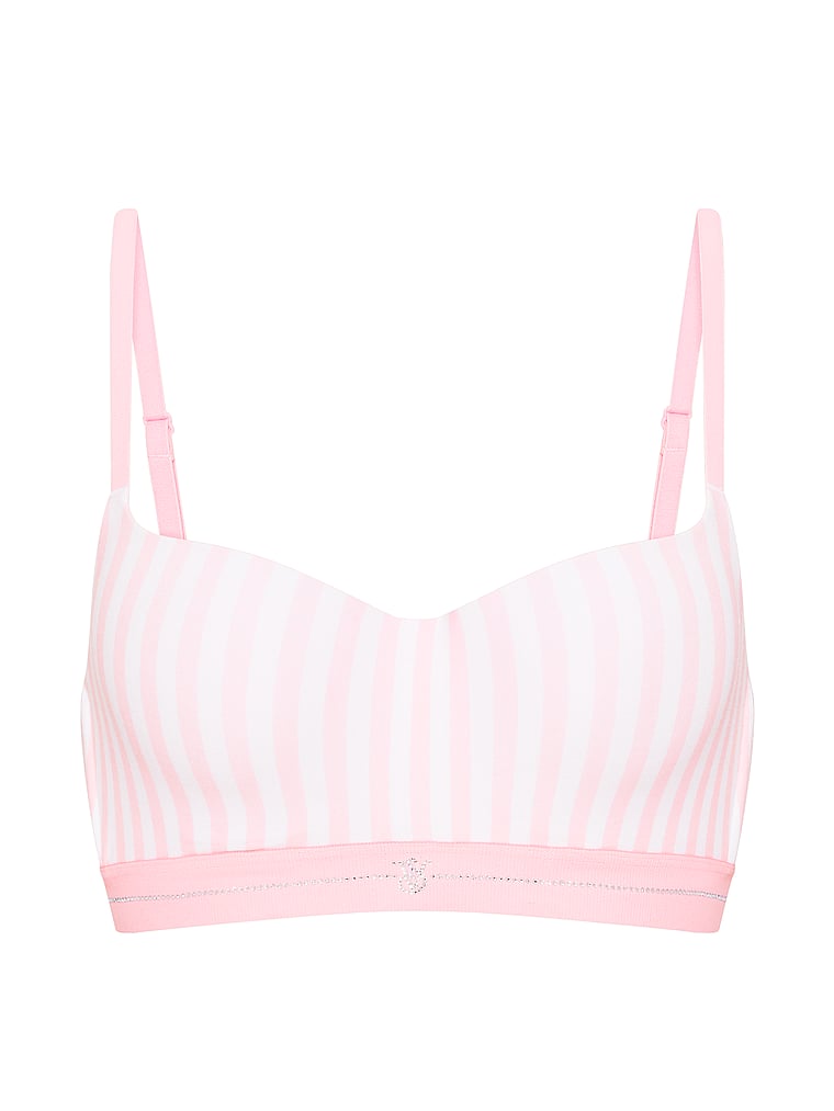 Victoria's Secret, The T-shirt Lace Shine Logo Lightly Lined Balconette Bra, Iconic Pink Stripes, offModelFront, 4 of 4