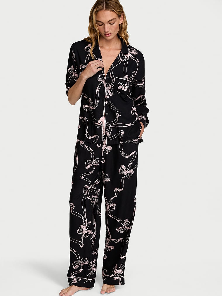 Victoria's Secret, Victoria's Secret Flannel Long Pajama Set, Black Bows, onModelFront, 1 of 4