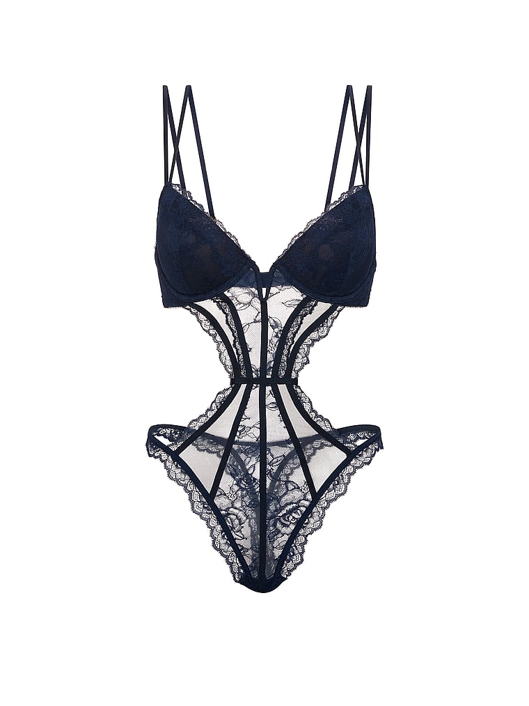 Victoria's Secret, Very Sexy Push-Up Lace Teddy, Noir Navy, offModelFront, 3 of 3