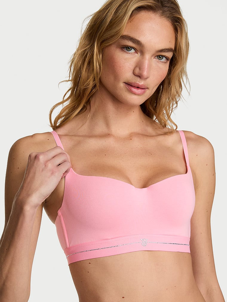 Victoria's Secret, The T-shirt Lace Shine Logo Lightly Lined Balconette Bra, Victoria Pink, onModelFront, 1 of 3