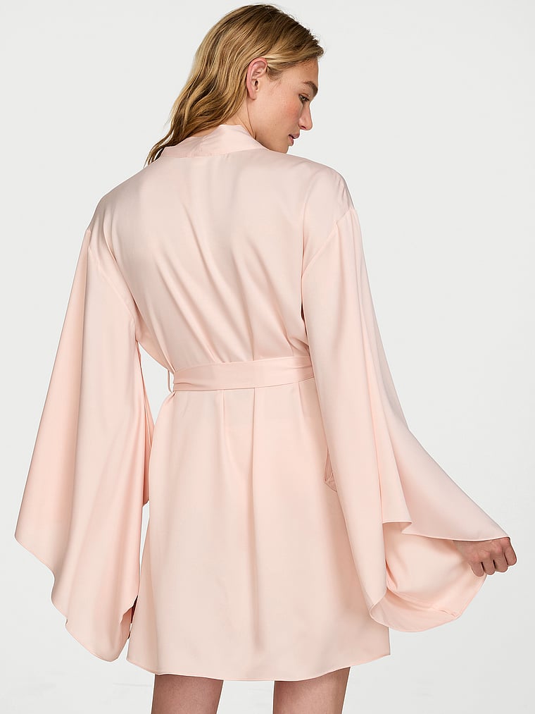 Victoria's Secret, Dream Angels Twinkle Satin Bow Short Wide-Sleeve Robe, Sheer Blush, onModelSide, 3 of 4