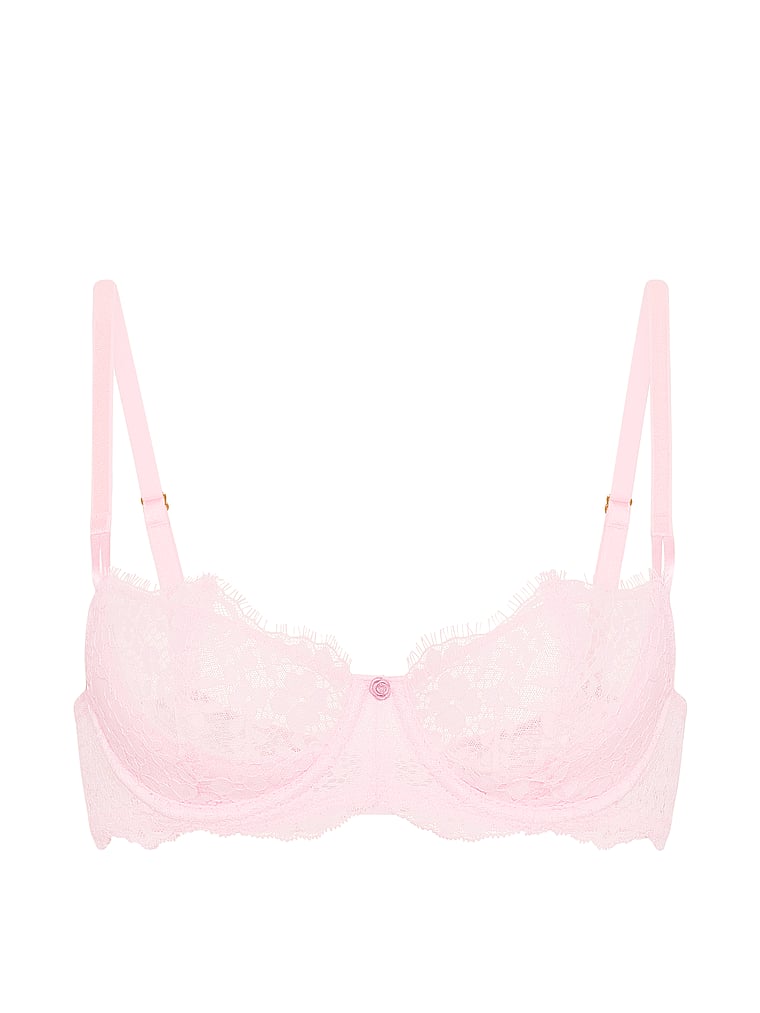 Victoria's Secret, Dream Angels Wicked Unlined Lace Mesh-Trim Balconette Bra, Angel Pink, offModelFront, 4 of 5