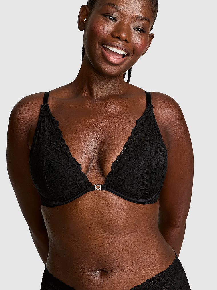 PINK PINK Wink™ Lightly Lined Plunge Bra, Black, onModelFront, 1 of 3 Fanta is 5'11" or 180cm and wears 34D or Medium