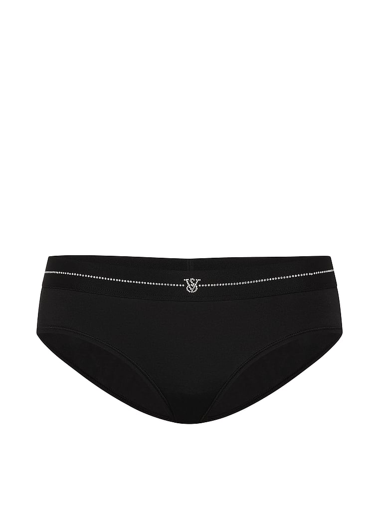 Victoria's Secret, Cotton Shine Logo Cotton Hiphugger Panty, Black, offModelFront, 3 of 4