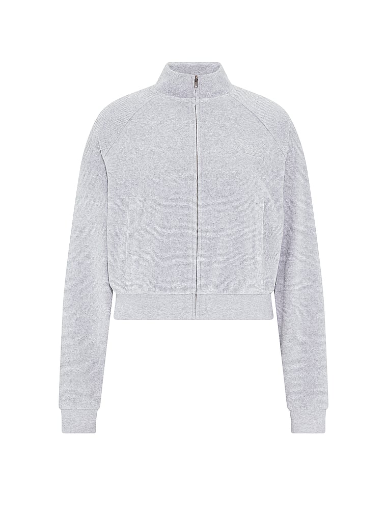 PINK Vintage Velour Mock-Neck Full-Zip Sweatshirt, Heather Grey, offModelFront, 4 of 5