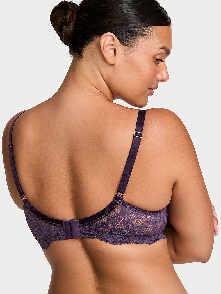 Victoria's Secret, Dream Angels Fabulous by Victoria's Secret Watercolor Embroidery Unlined Full-Cup Bra, Shadow Purple, onModelBack, 2 of 3 Karmi is 5'10" or 178cm and wears 34DD (E) or Large