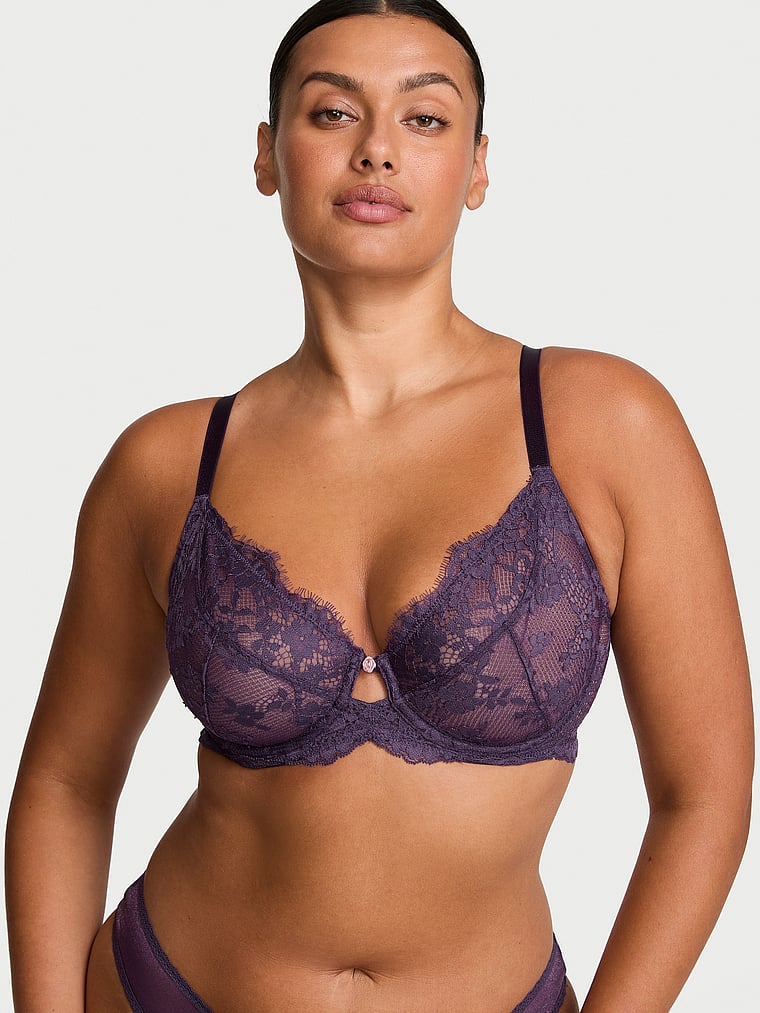 Victoria's Secret, Dream Angels Fabulous by Victoria's Secret Watercolor Embroidery Unlined Full-Cup Bra, Shadow Purple, onModelFront, 1 of 3 Karmi is 5'10" or 178cm and wears 34DD (E) or Large