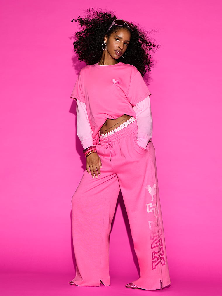 PINK Campus Fleece™ Wide-Leg Split-Hem Sweatpants, PINK Halftime Show Hollywood Pink, featured, 1 of 4