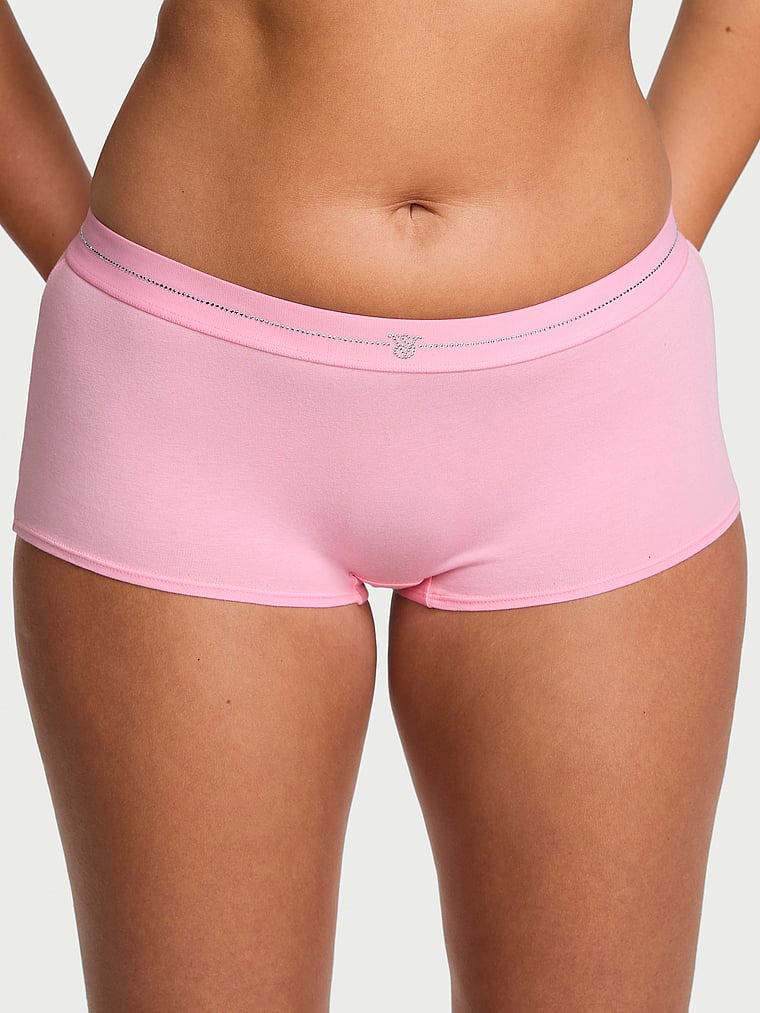 Victoria's Secret, Cotton Exploded Logo Cotton Boyshort Panty, Victoria Pink, onModelFront, 1 of 4 Karmi is 5'10" or 178cm and wears Large
