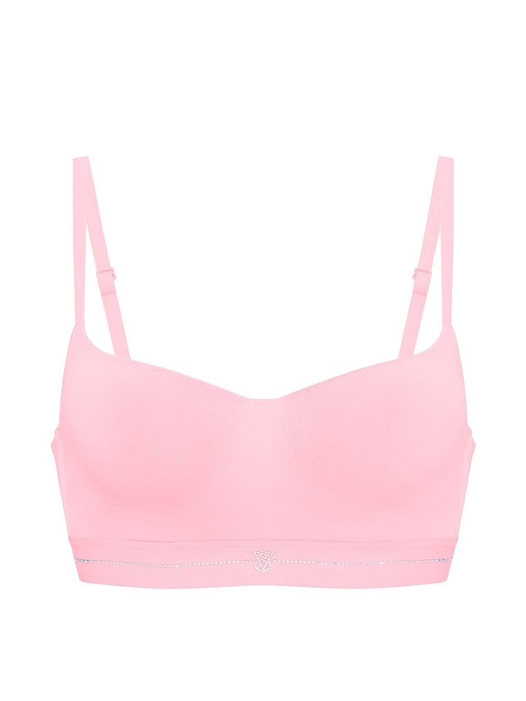 Victoria's Secret, The T-shirt Lace Shine Logo Lightly Lined Balconette Bra, Victoria Pink, offModelFront, 3 of 3