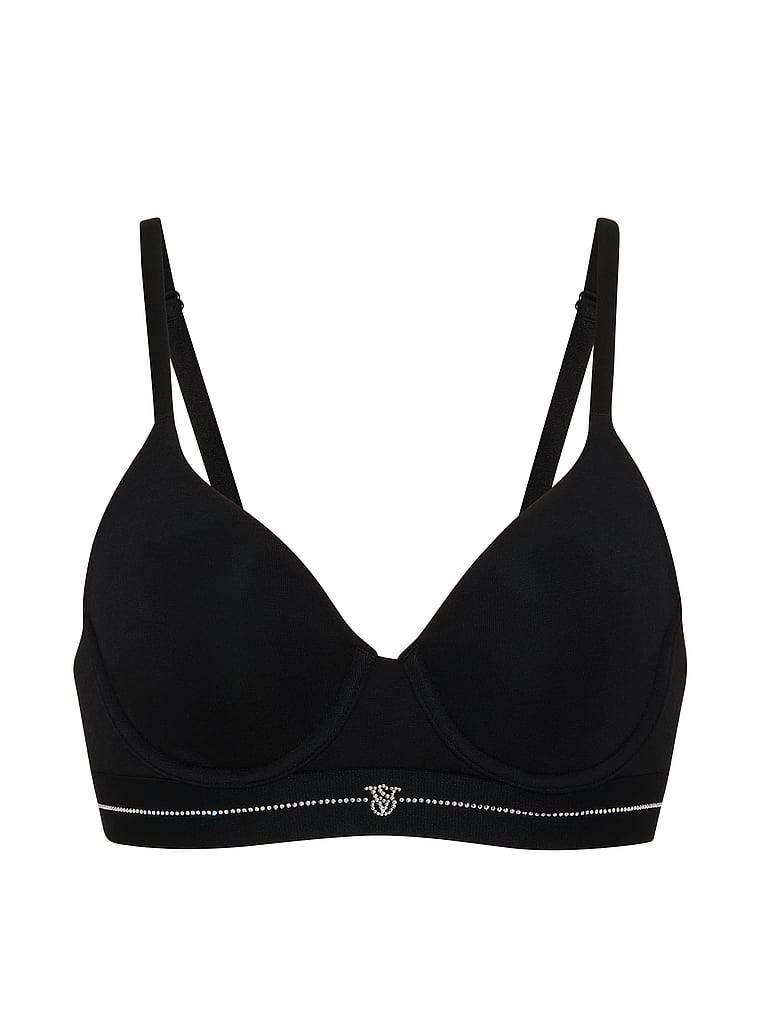 Victoria's Secret, The T-shirt Perfect Shape Cotton Lace-Trim Push-Up Bra, Black, offModelFront, 3 of 3