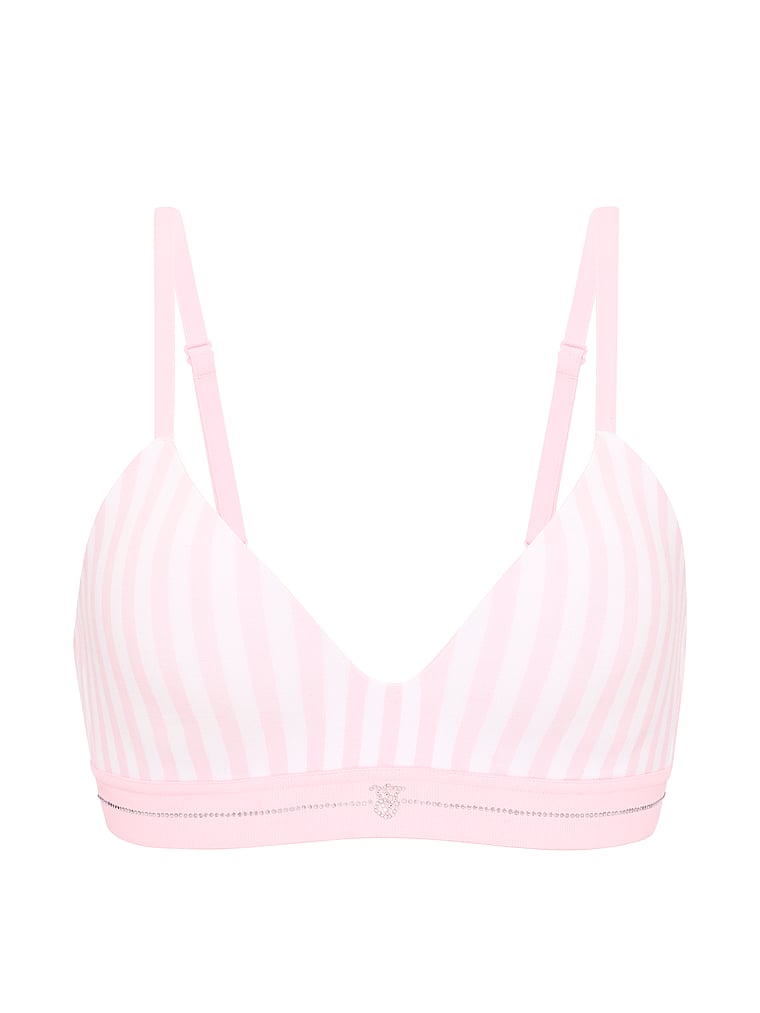 Victoria's Secret, The T-shirt Cotton Lace-Trim Lightly Lined Wireless Bra, Iconic Pink Stripes, offModelFront, 4 of 4