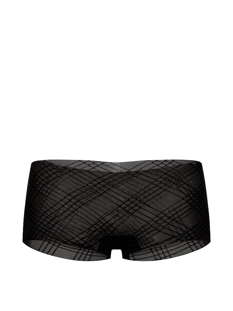 Victoria's Secret, No-Show No-Show Plaid Mesh Boyshort Panty, Black, offModelFront, 4 of 4