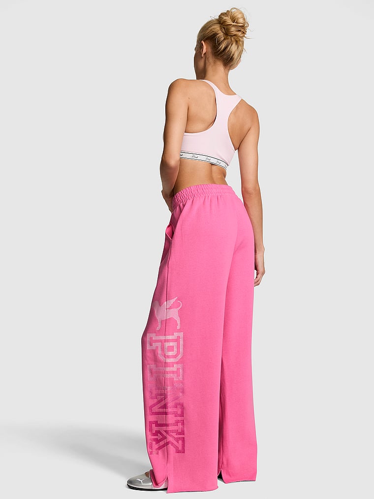 PINK Campus Fleece™ Wide-Leg Split-Hem Sweatpants, PINK Halftime Show Hollywood Pink, onModelBack, 3 of 4