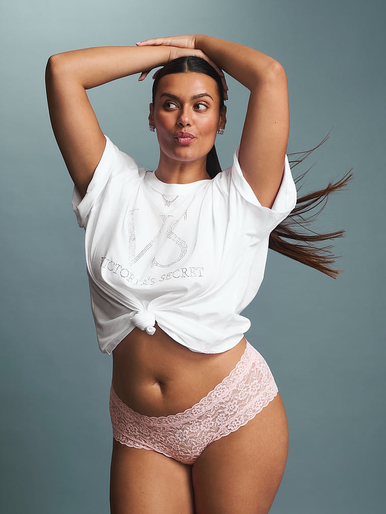 Victoria's Secret, The Lacie Lace Cheeky Panty, Angel Pink, onModelSide, 5 of 5 Karmi is 5'10" or 178cm and wears Large