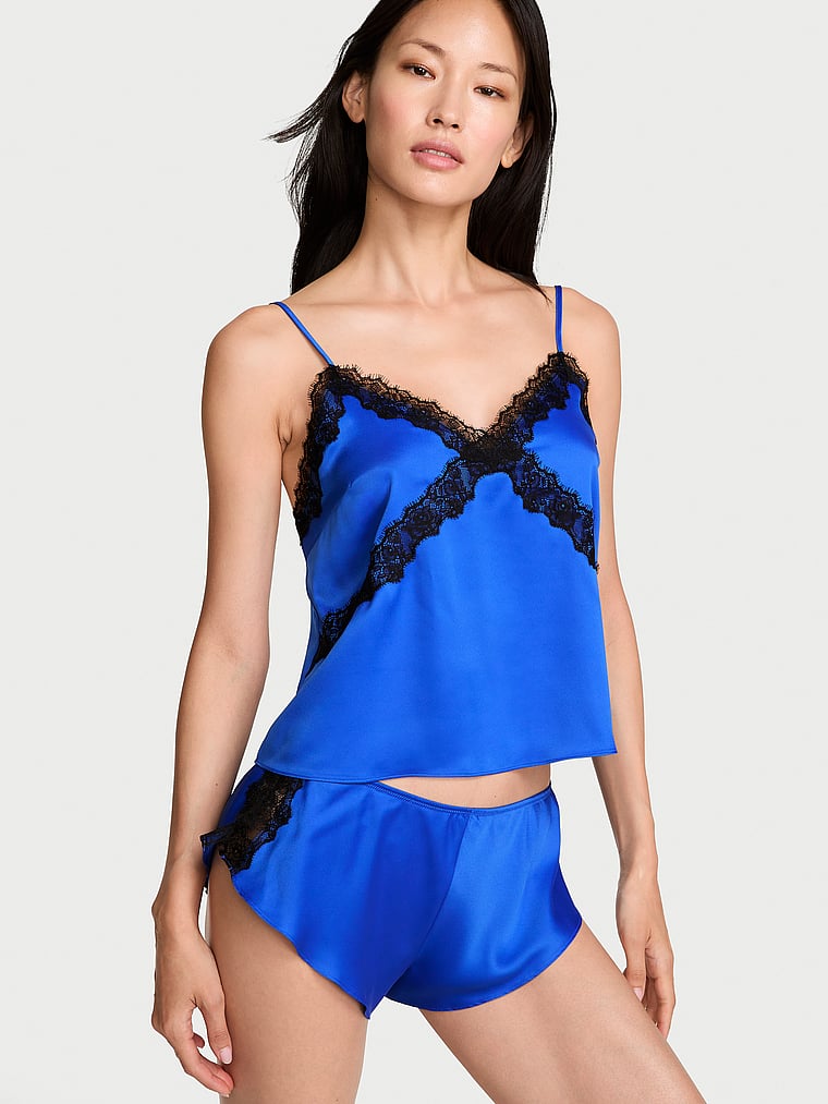 Satin Rose Lace-Trim Cami & Flutter Short Set