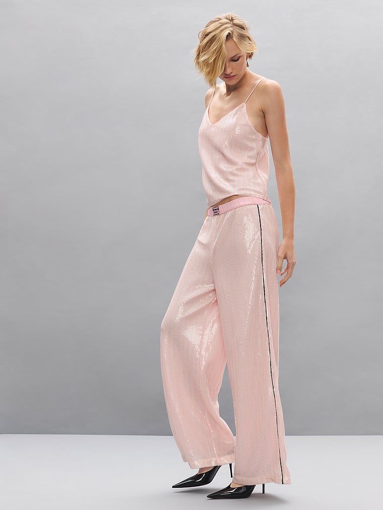 Victoria's Secret, Victoria's Secret Shine Shop Sequin Pajama Pants, Iconic Pink Stripes, onModelSide, 3 of 5