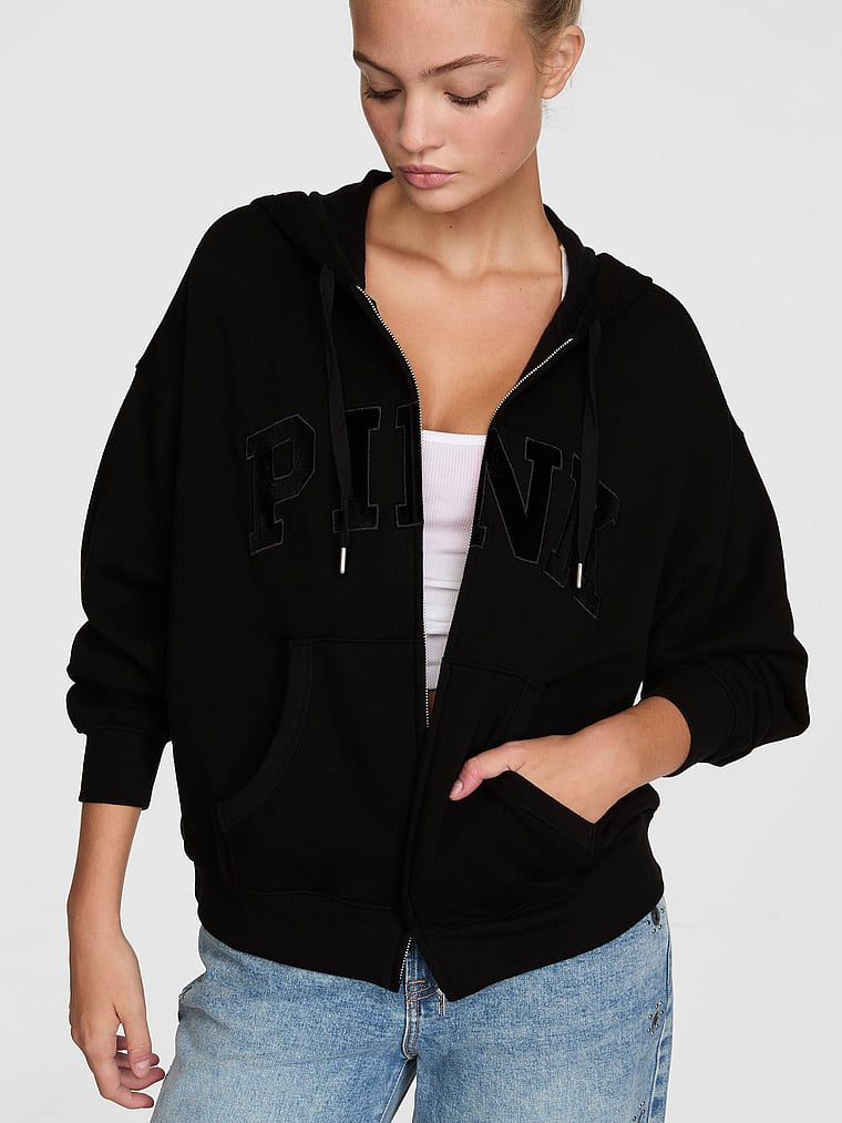 PINK Campus Fleece™ Full-Zip Hoodie, Pure Black, onModelFront, 1 of 4