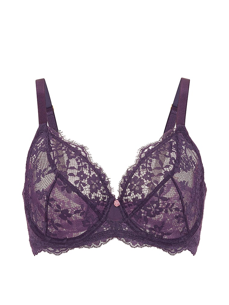 Victoria's Secret, Dream Angels Fabulous by Victoria's Secret Watercolor Embroidery Unlined Full-Cup Bra, Shadow Purple, offModelFront, 3 of 3