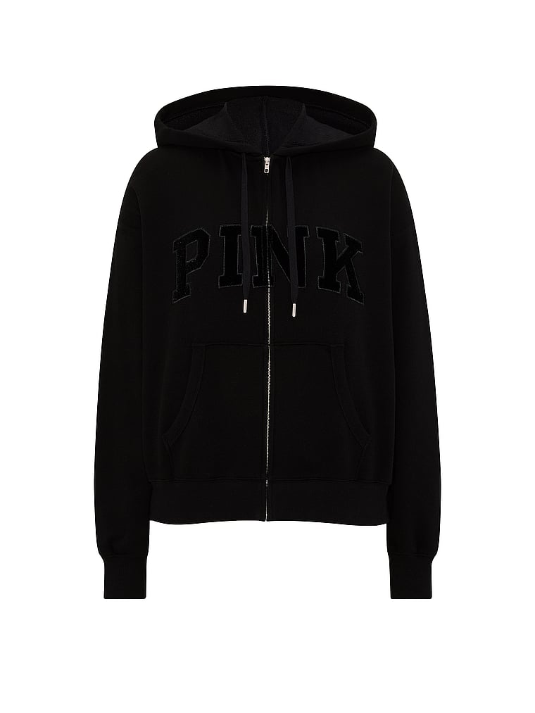 PINK Campus Fleece™ Full-Zip Hoodie, Pure Black, offModelFront, 3 of 4