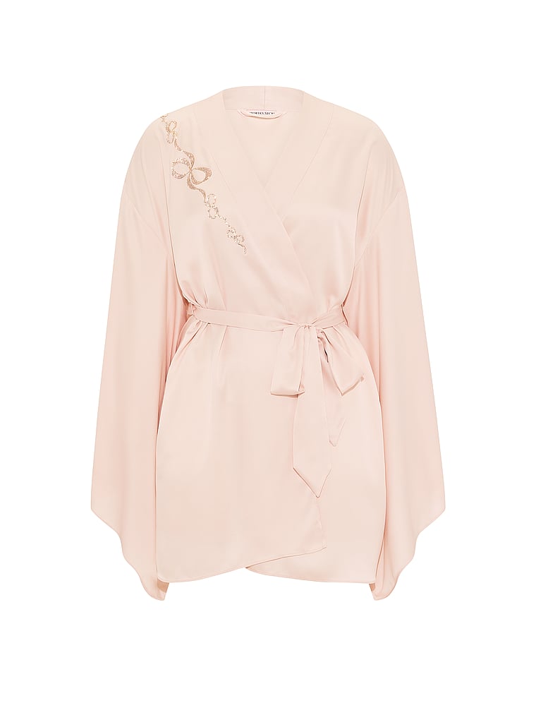 Victoria's Secret, Dream Angels Twinkle Satin Bow Short Wide-Sleeve Robe, Sheer Blush, offModelFront, 4 of 4