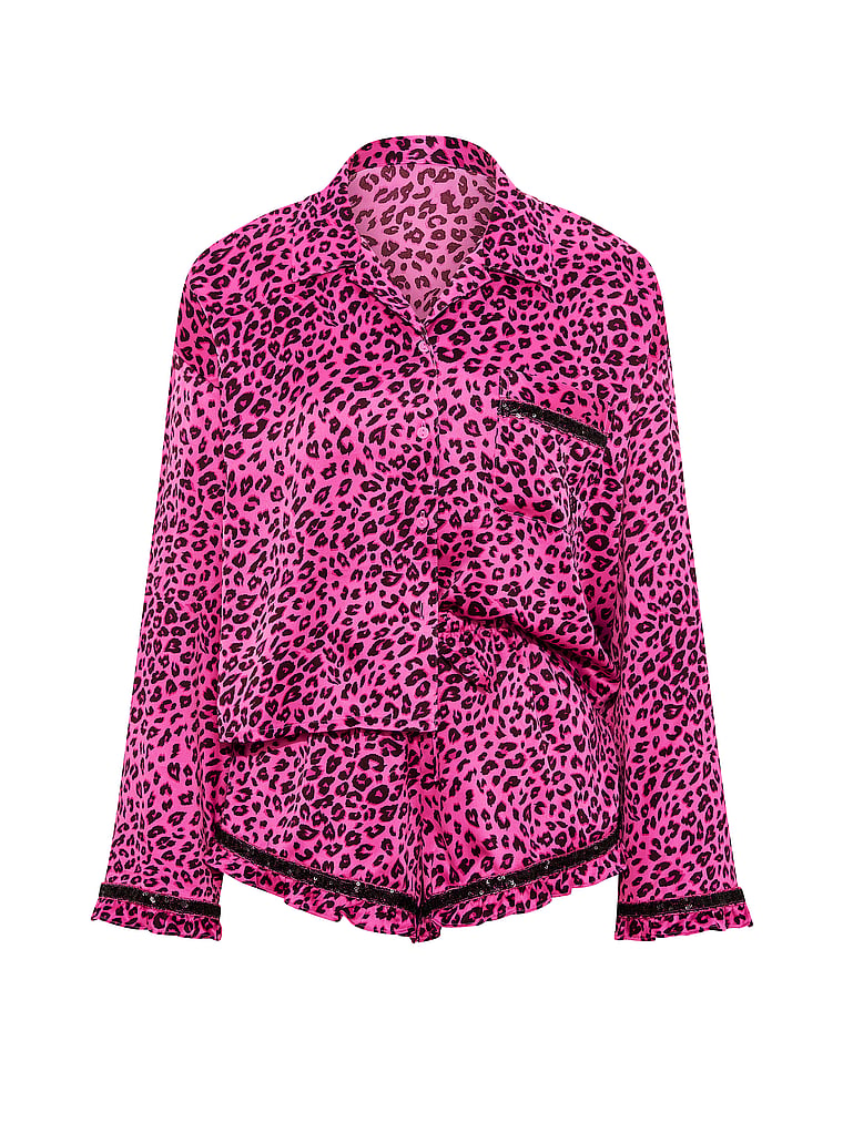 PINK GRWPINK™ Satin Long-Sleeve Short Pajama Set, Sizzling Strawberry & Leopard Print, offModelFront, 4 of 5