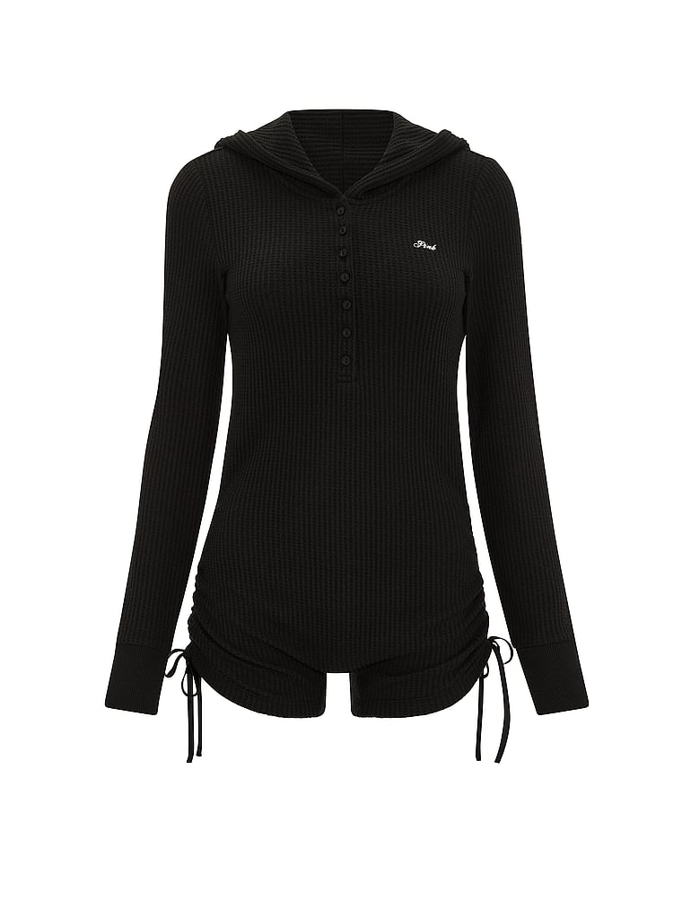 PINK Waffle Knit Long-Sleeve Short Onesie, Black, offModelFront, 3 of 3