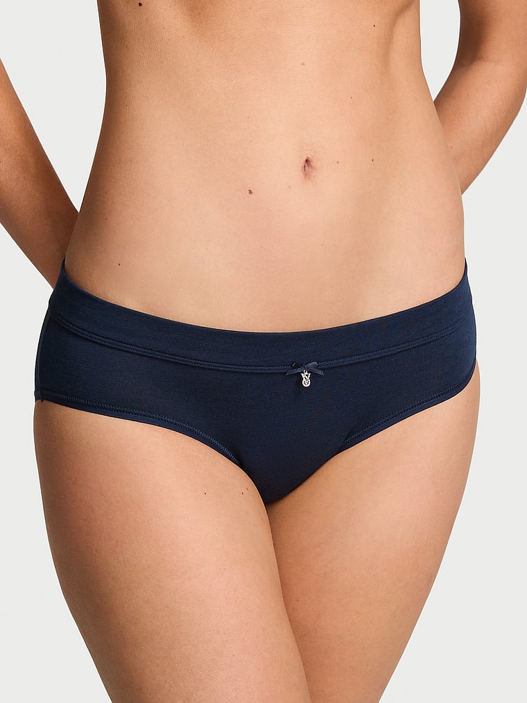 Victoria's Secret, Cotton Logo Cotton Bow Charm Hiphugger Panty, Noir Navy, onModelFront, 1 of 3 Maggie is 5'7" or 170cm and wears Small