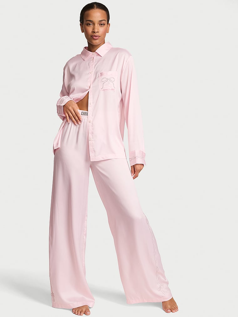 Victoria's Secret, Victoria's Secret Signature Satin Shine Shop Long Pajama Set, Angel Pink, onModelFront, 1 of 3 Nisaa is 5'9" or 175cm and wears S/Regular