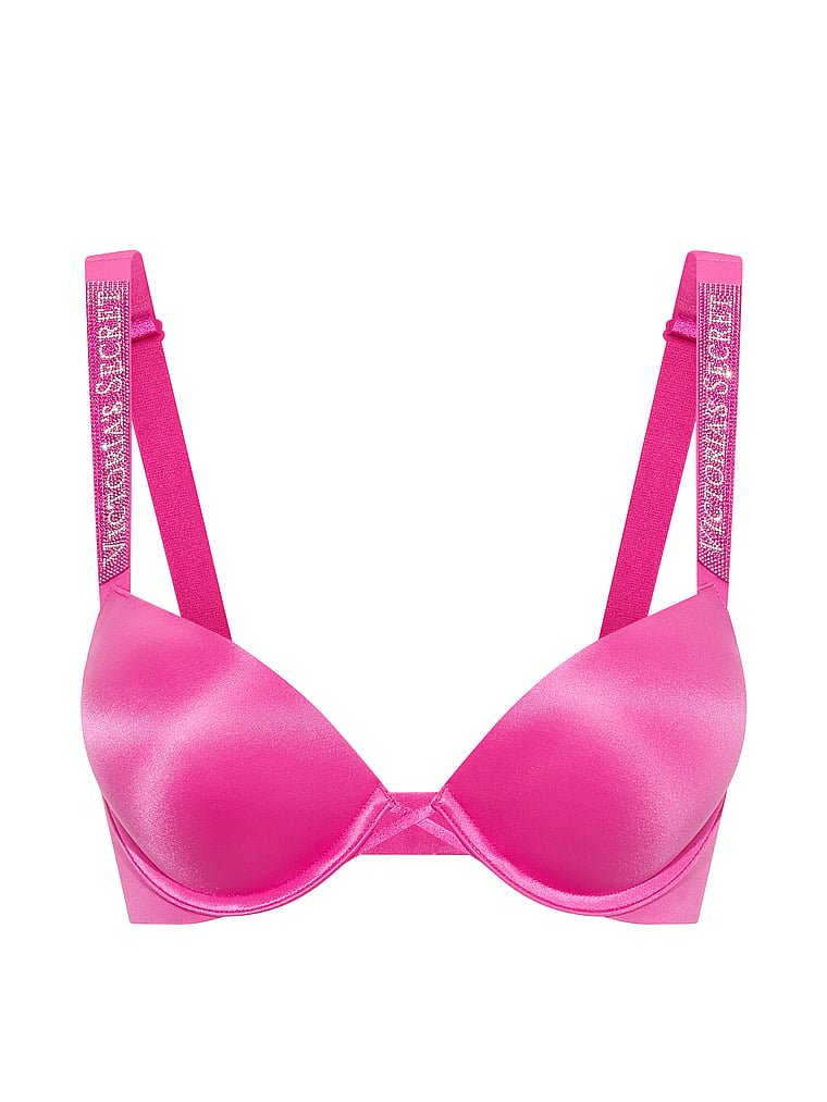 Victoria's Secret, Very Sexy Bombshell Logo Shine Strap Add-2-Cups Push-Up Bra, Pink Fire, offModelFront, 3 of 3