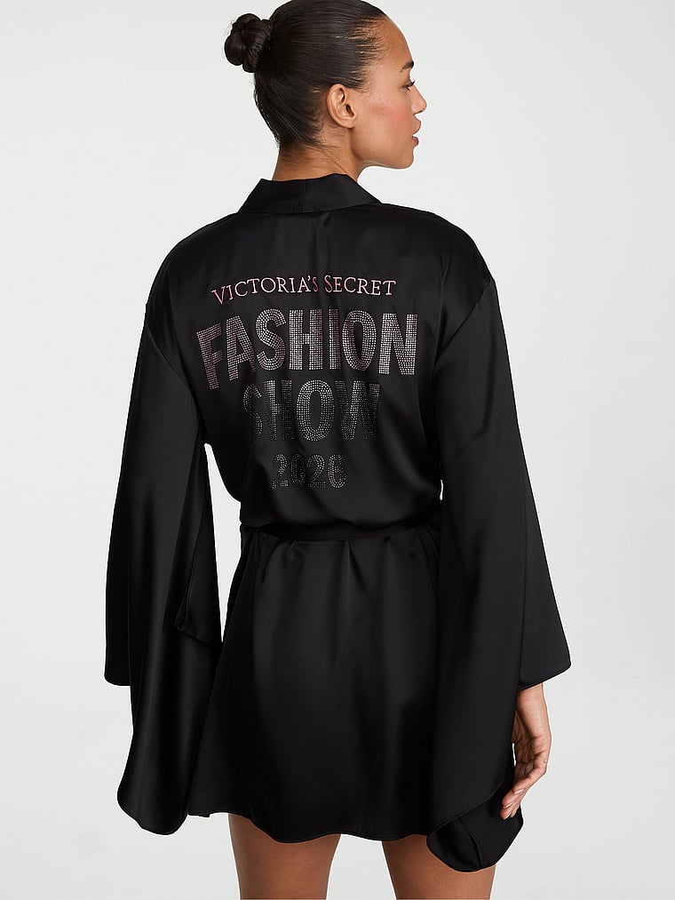 Victoria's Secret, Very Sexy VSFS '26 Satin Short Wide-Sleeve Robe, Black, onModelBack, 2 of 4 Nikita  is 5'10" or 178cm and wears Small