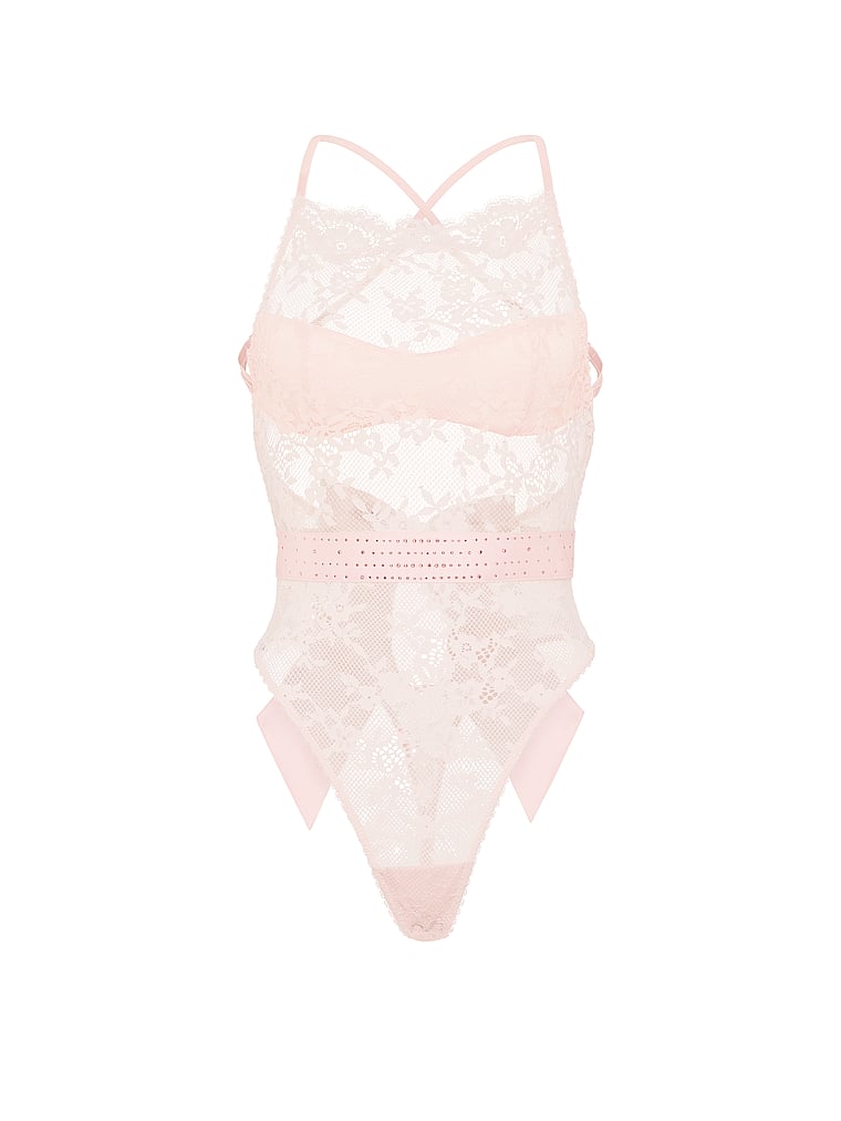 Victoria's Secret, Dream Angels Twinkle Lace High-Neck Teddy, Sheer Blush, offModelFront, 4 of 4