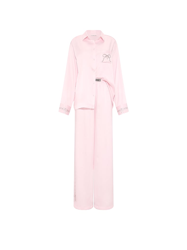 Victoria's Secret, Victoria's Secret Signature Satin Shine Shop Long Pajama Set, Angel Pink, offModelFront, 3 of 3