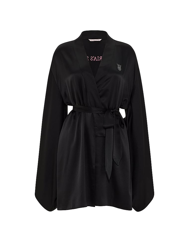 Victoria's Secret, Very Sexy VSFS '26 Satin Short Wide-Sleeve Robe, Black, offModelFront, 4 of 4