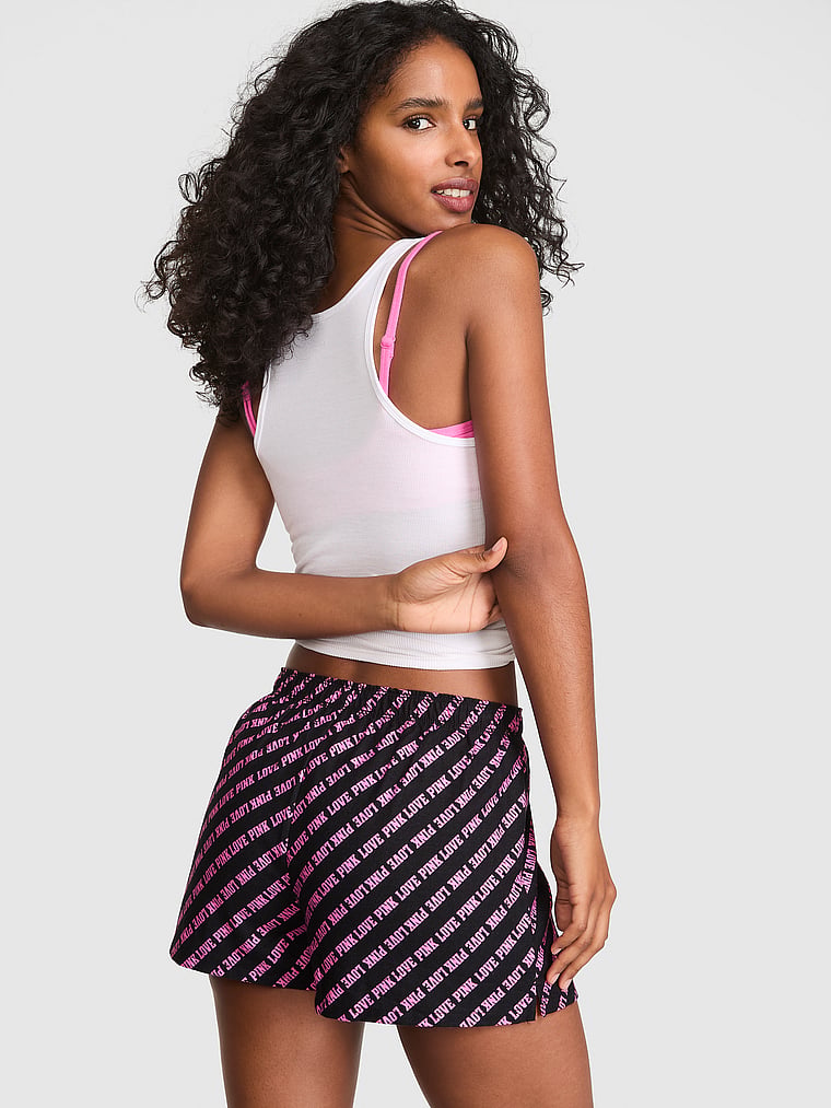 PINK Favorite Flannel Boxy Pajama Shorts, Black With Sizzling Strawberry "Love Pink" Print, onModelBack, 2 of 3