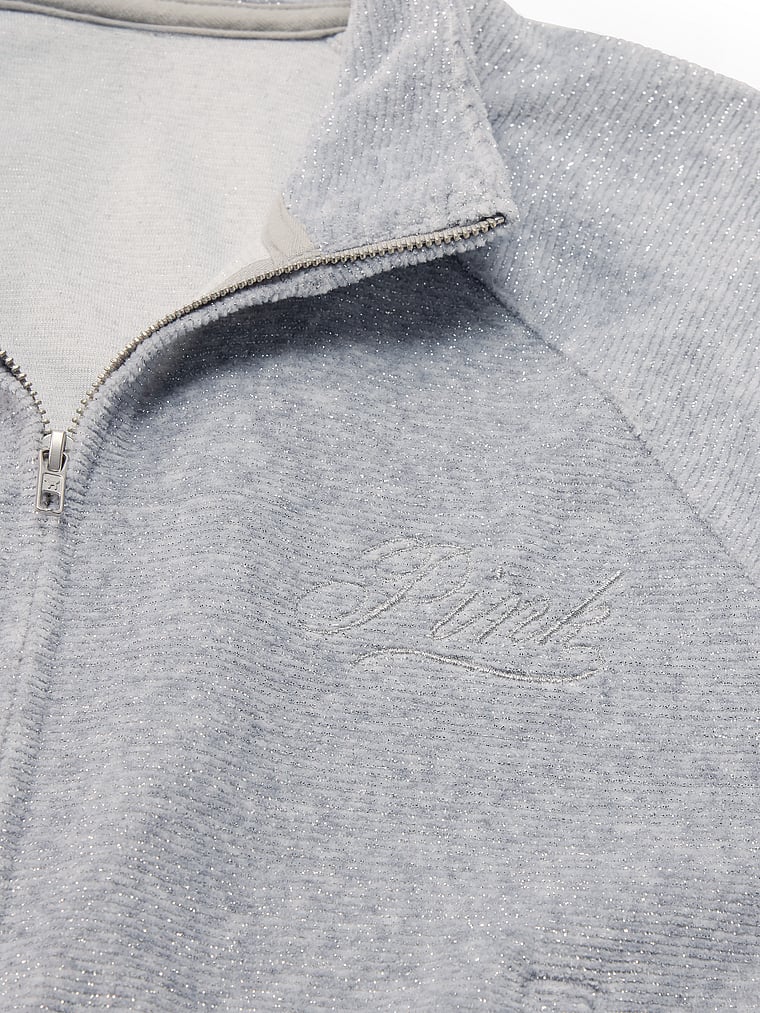 PINK Vintage Velour Mock-Neck Full-Zip Sweatshirt, Heather Grey, detail, 5 of 5