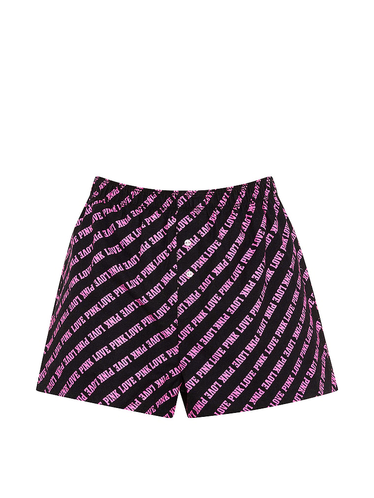 PINK Favorite Flannel Boxy Pajama Shorts, Black With Sizzling Strawberry "Love Pink" Print, offModelFront, 3 of 3
