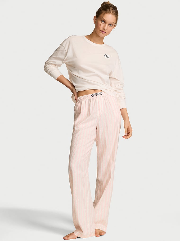 Victoria's Secret, Victoria's Secret CozyFlannel™ Long Tee-Jama & Scrunchie Set, White & Pink Shimmer Heritage Stripes, onModelFront, 1 of 5 Lotta is 5'10" or 178cm and wears S/Regular