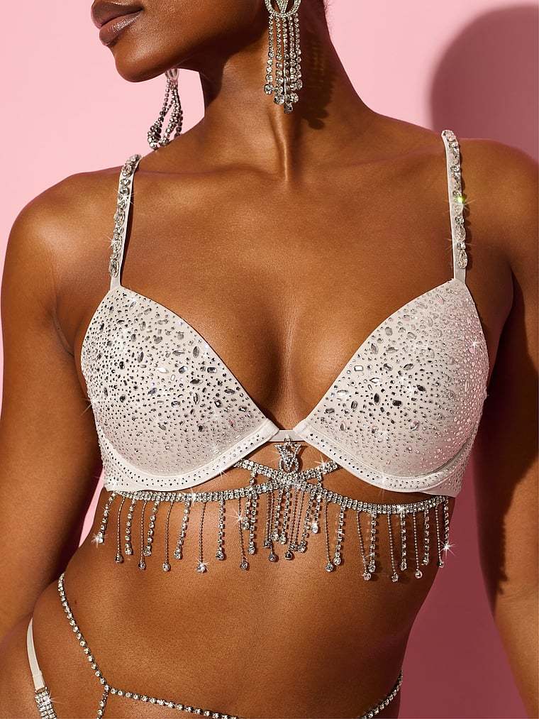 Victoria's Secret, Very Sexy Very Sexy Shine Fantasy Bra, Delfin Grey, onModelFront, 1 of 4 Tsheca is 5'9" and wears 34B or Small