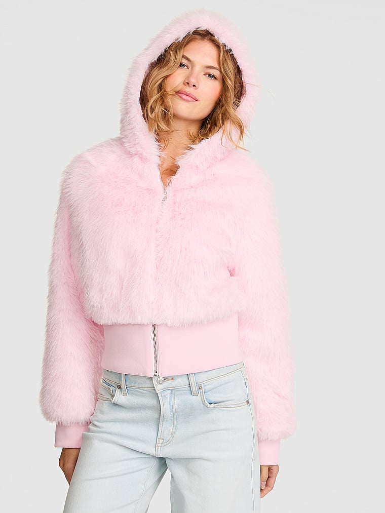 Faux-Fur Cinched Hooded Jacket