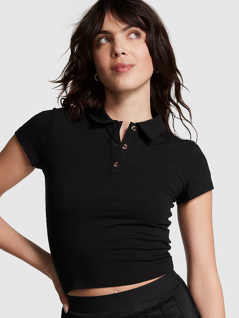 PINK Cotton Short-Sleeve Polo Crop Top, Pure Black, onModelFront, 1 of 3