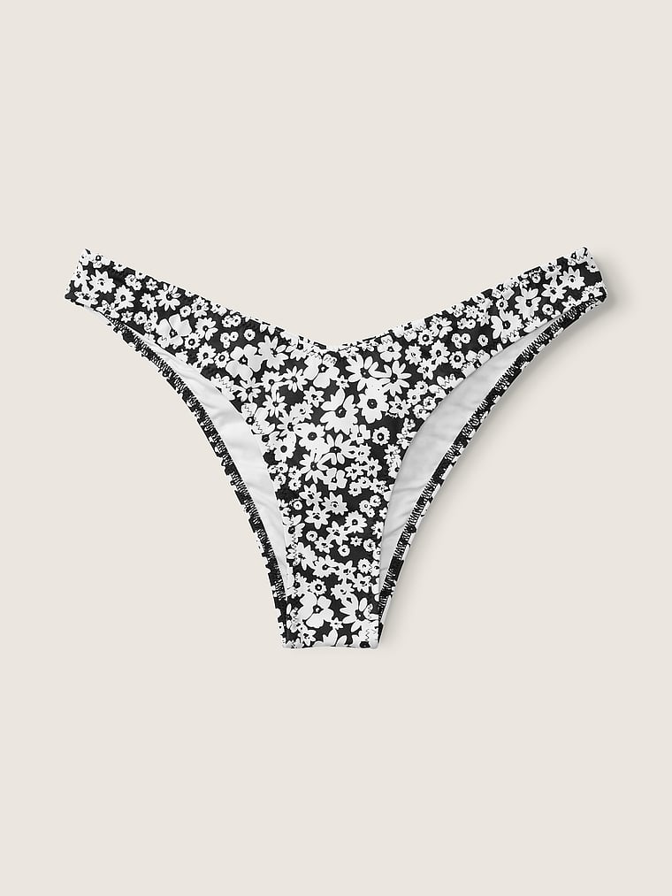 PINK V-Front Itsy Bikini Bottom, Pure Black Daisy, offModelFront, 4 of 5