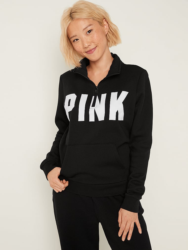 Victorias Secret Pink Boyfriend Half Zip Sweatshirt Small Black Neon Green