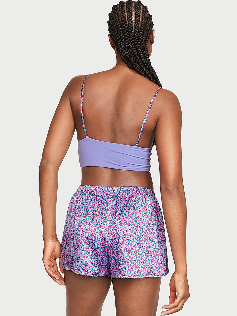 Victoria's Secret, Victoria's Secret Modal Cropped Cami Satin Shorts Set, Periwinkle Ditsy, onModelBack, 2 of 3 Mayowa is 5'11" and wears S/Long