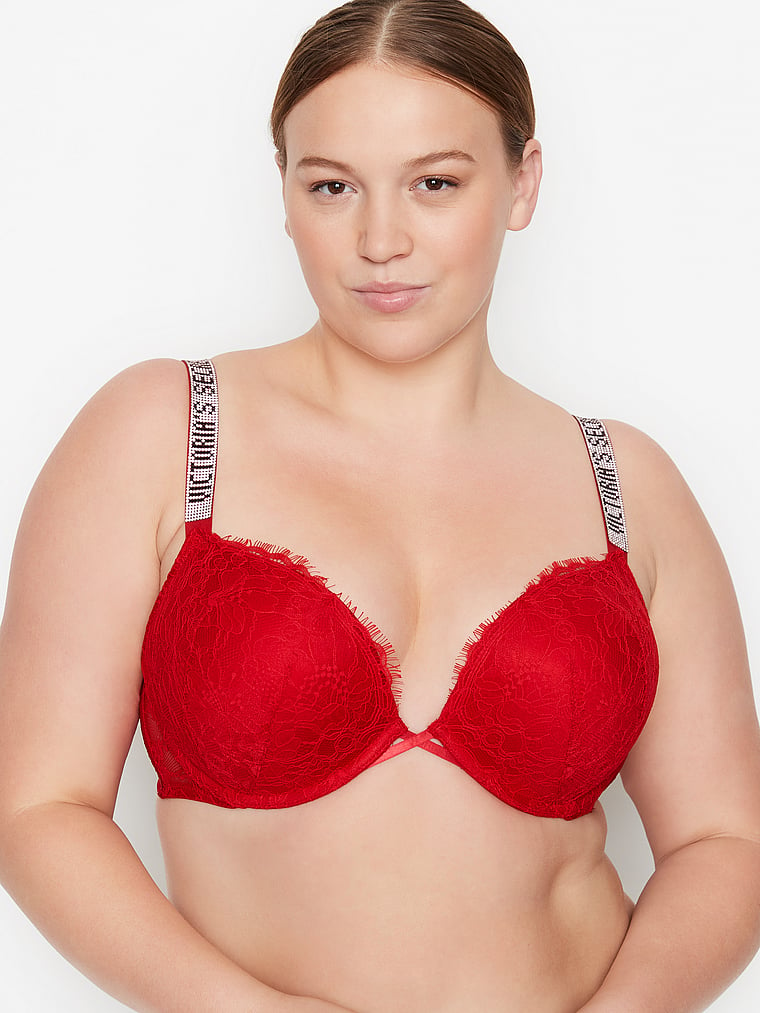 Victoria's Secret Bombshell Shine Strap Push Up Bra, Add 2 Cups, Plunge  Neckline, Lace, Bras for Women, Very Sexy Collection, Red Monogram (32A) at   Women's Clothing store